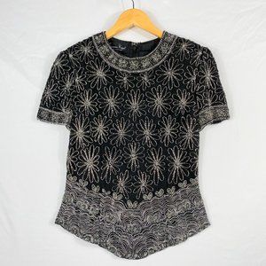 Laurence Kazar Black Silk Silver Sequin beaded Short Sleeve Size S